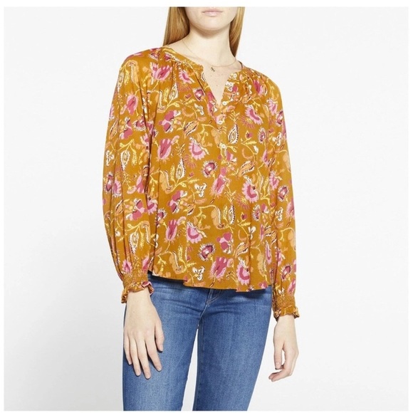 Xirena Sunset Estey Blouse Long Sleeve Camel Tan Floral Cotton Size Medium Boho - Picture 11 of 11